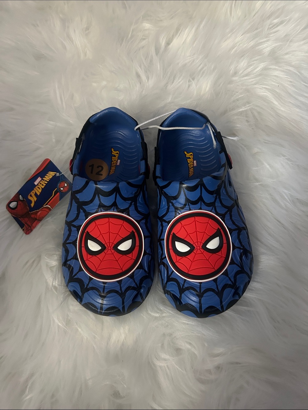 NWT Spiderman Kids Blue & Red Slip-On Clogs with Web Design size 11/12